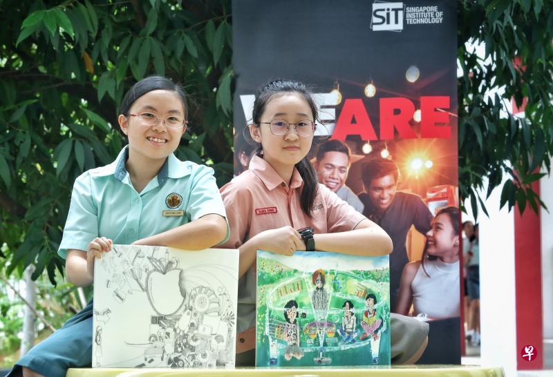 培道中学学生刘洁诗(左)与励众小学学生郑睿思的创作将出现在新加坡理工大学新校舍的工地围板。(特约陈福洲摄) 培道中学学生刘洁诗(左)与励众小学学生郑睿思的创作将出现在新加坡理工大学新校舍的工地围板。(特约陈福洲摄)
