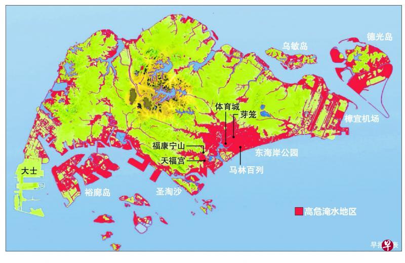 地图上的红色地区将在海平面上升时面对更大的淹水风险,因此我国必须采取更多防御性措施,保护海岸线。(资料来源/总理公署) 地图上的红色地区将在海平面上升时面对更大的淹水风险,因此我国必须采取更多防御性措施,保护海岸线。(资料来源/总理公署)