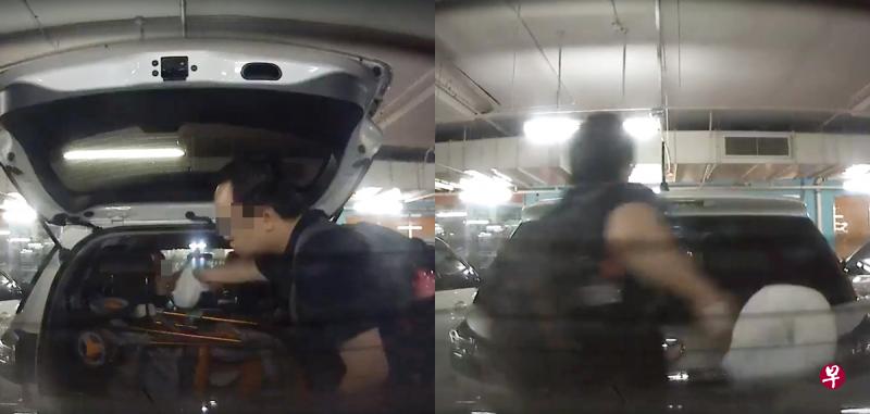 (左图)男子车内有人将纸尿片递给他,相信要他拿去丢弃。(右图)男子关车门后,顺势将纸尿片丢弃在后方车辆。(取自面簿) (左图)男子车内有人将纸尿片递给他,相信要他拿去丢弃。(右图)男子关车门后,顺势将纸尿片丢弃在后方车辆。(取自面簿)