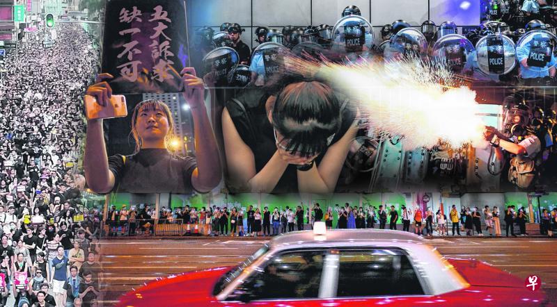 反修例抗争场景已从最初大规模游行要求撤回修例(左),转为前晚相对冷静的牵手筑人链(下),要求港府回应五大诉求。(戴庆成/法新社)图片合成/蔡新友 反修例抗争场景已从最初大规模游行要求撤回修例(左),转为前晚相对冷静的牵手筑人链(下),要求港府回应五大诉求。(戴庆成/法新社)图片合成/蔡新友