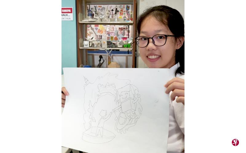 计玥杨以红头巾作为标志设计,代表先驱们为国家发展付出的努力,穿戴红头巾的机器人则象征着未来。(义顺中学提供) 计玥杨以红头巾作为标志设计,代表先驱们为国家发展付出的努力,穿戴红头巾的机器人则象征着未来。(义顺中学提供)