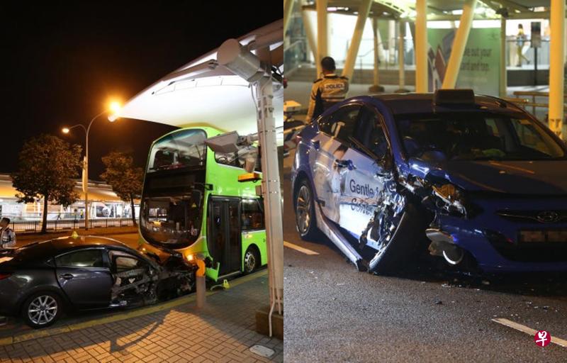 (左图)马自达汽车最后迎头撞上巴士才停下,而整辆车已毁坏不堪,车内的安全气囊已弹出,右车门和车轮也脱落。(右图)德士被马自达汽车猛撞,右前方的车轮整个飞脱。 (左图)马自达汽车最后迎头撞上巴士才停下,而整辆车已毁坏不堪,车内的安全气囊已弹出,右车门和车轮也脱落。(右图)德士被马自达汽车猛撞,右前方的车轮整个飞脱。