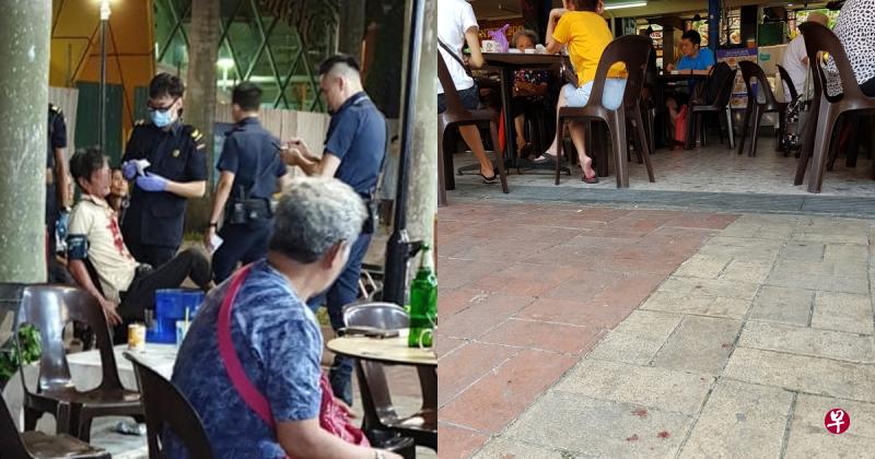 (左图)医护人员现场帮受伤阿叔包扎,阿叔衣上可见大片血迹。(右图)咖啡店地上仍可见血迹斑斑。(互联网) (左图)医护人员现场帮受伤阿叔包扎,阿叔衣上可见大片血迹。(右图)咖啡店地上仍可见血迹斑斑。(互联网)