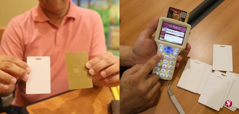 (左图)白色卡片(左)是复制卡,印上花纹的卡是公寓门禁卡。(右图)钟敬能花了100元上网购买门禁卡复制机,复制了10多张门禁卡。(吴伟国摄) (左图)白色卡片(左)是复制卡,印上花纹的卡是公寓门禁卡。(右图)钟敬能花了100元上网购买门禁卡复制机,复制了10多张门禁卡。(吴伟国摄)