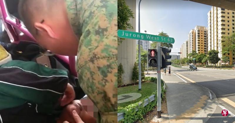 （左图）阿兵哥确保在救护人员抵达前，倒下的男乘客保持清醒。（右图）一名年轻男子在裕廊西63街上了巴士，走向后方途中却突然喊了一声倒下。（受访者提供/谷歌地图） 