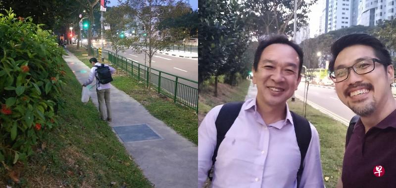 (左图)渡司一手提着垃圾袋,一手拿着垃圾钳,沿途弯腰捡垃圾,他说这么做是因为他喜欢新加坡的干净环境。(右图)来旅游也沿路捡垃圾的男子渡司(左),被封为“最启发新加坡人的日本人”。(取自面簿) (左图)渡司一手提着垃圾袋,一手拿着垃圾钳,沿途弯腰捡垃圾,他说这么做是因为他喜欢新加坡的干净环境。(右图)来旅游也沿路捡垃圾的男子渡司(左),被封为“最启发新加坡人的日本人”。(取自面簿)