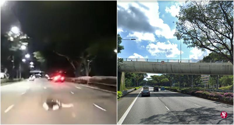 电单车骑士从高架桥摔下,有车子闪避不及,直接碾过骑士。(取自网络) 电单车骑士从高架桥摔下,有车子闪避不及,直接碾过骑士。(取自网络)