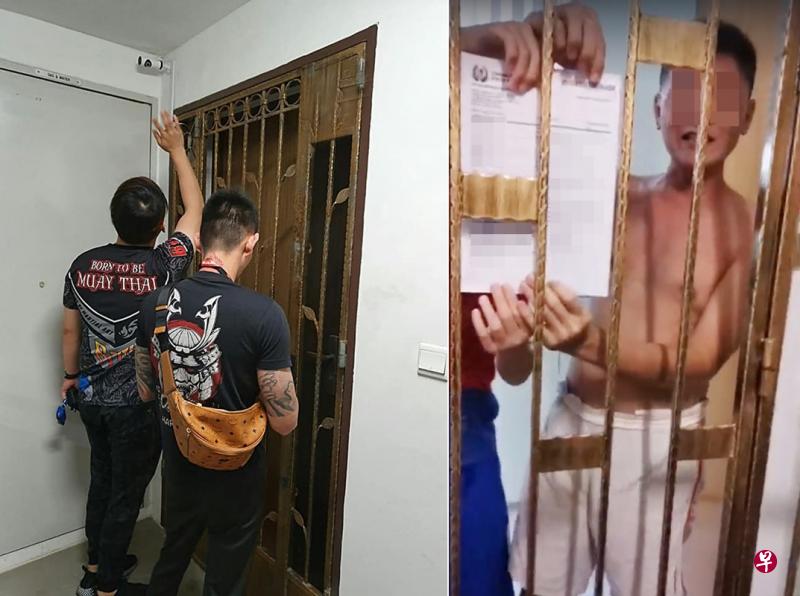 追债公司的工作人员(左图)受顾客委托后都会上门追债;屋主(右图)向追债员出示报案记录。(取自面簿) 追债公司的工作人员(左图)受顾客委托后都会上门追债;屋主(右图)向追债员出示报案记录。(取自面簿)