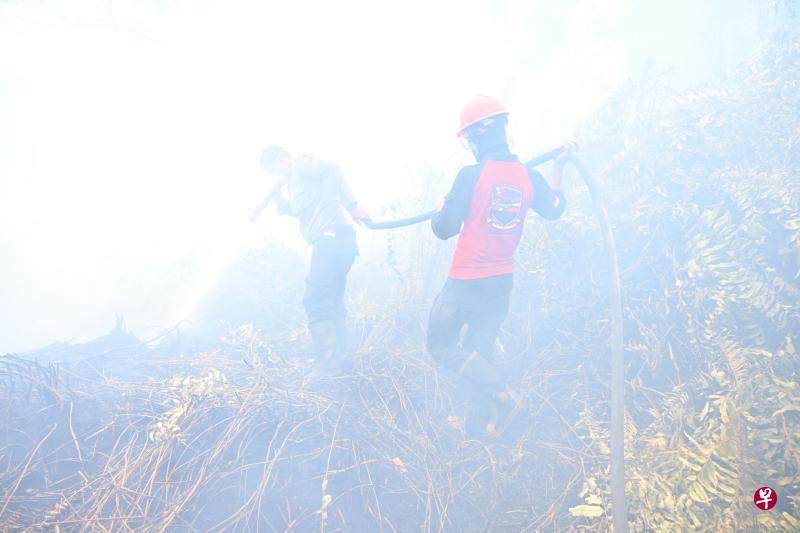 印尼消防员昨天在廖内省甘帕区冒着浓烟奋力洒水,试图控制延烧多日的林火。(法新社) 印尼消防员昨天在廖内省甘帕区冒着浓烟奋力洒水,试图控制延烧多日的林火。(法新社)