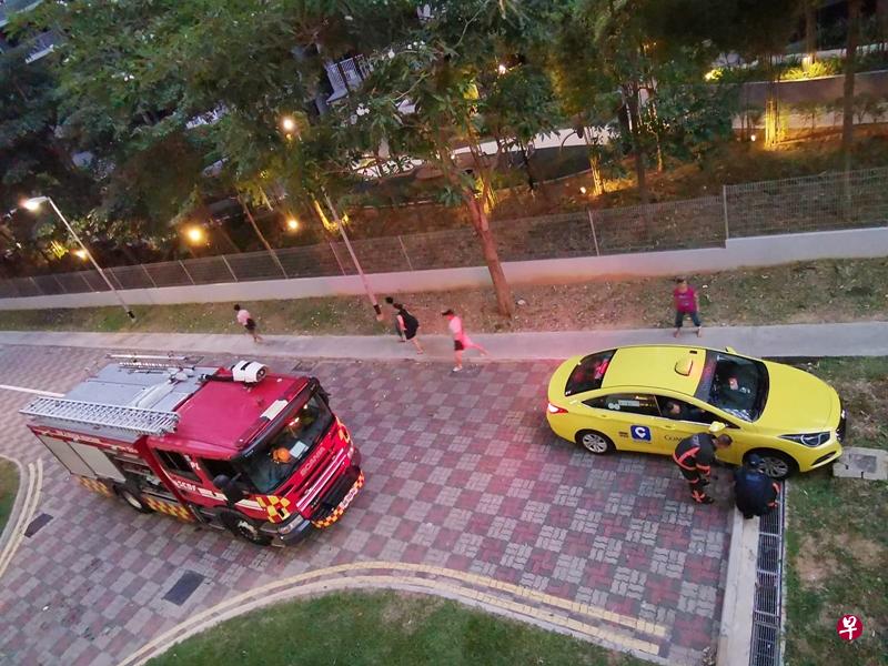 一辆黄色德士误闯草丛,惊动民防部队出动。(受访者提供) 一辆黄色德士误闯草丛,惊动民防部队出动。(受访者提供)