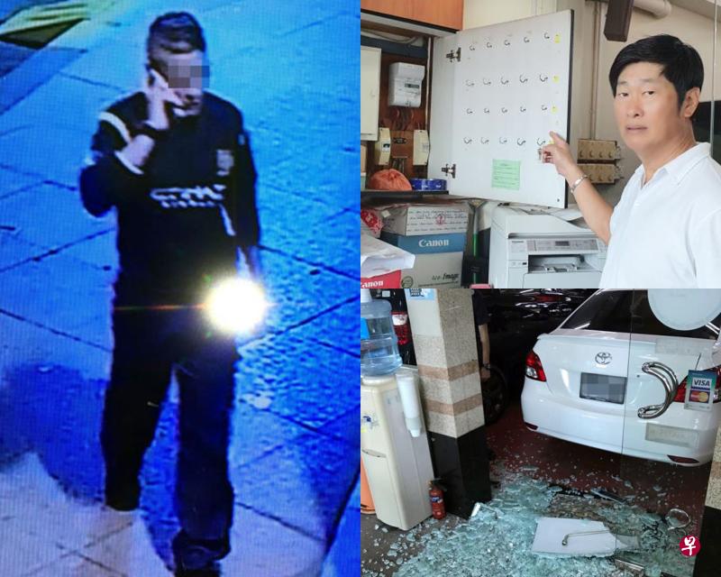 （左图）涉偷车的可疑男子穿着深色长袖长裤，干案前时而拿起手机打电话。（读者提供）（右图上）郭崇仪的车行日前被破门行窃和偷走汽车，如今警方介入调查。（靳忻摄）（右下图）歹徒相信是用一支拆卸轮胎用的扳手，将车行玻璃门打碎。（受访者提供）