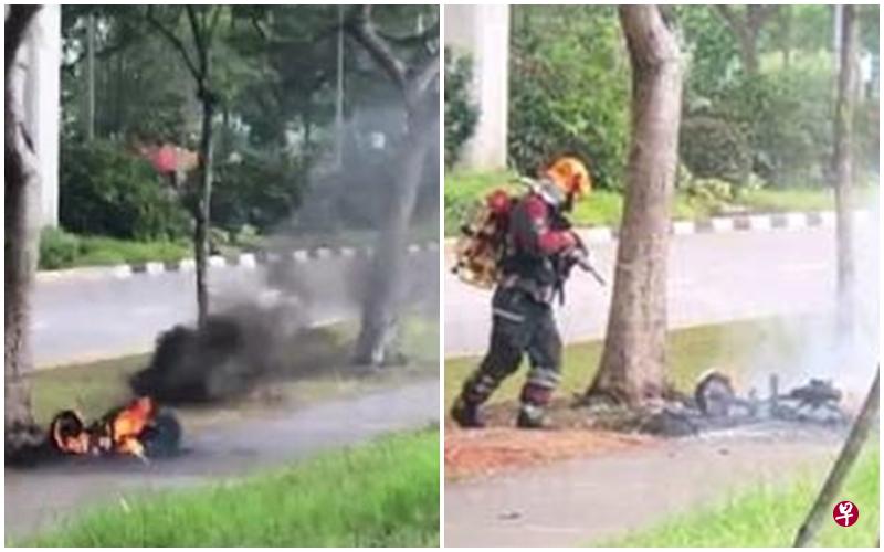 盛港芬维尔街有一辆电动踏板车着火，消防员抵达现场后将火势扑灭。（Stomp网站截图）