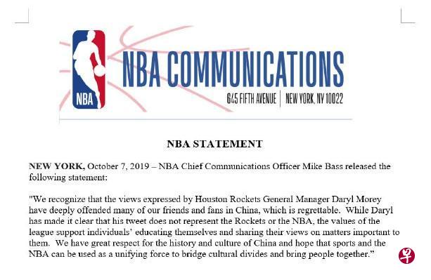 NBA今天(7日)发表声明称,对莫雷的不当言论感到极其失望。(NBA网站截图) NBA今天(7日)发表声明称,对莫雷的不当言论感到极其失望。(NBA网站截图)