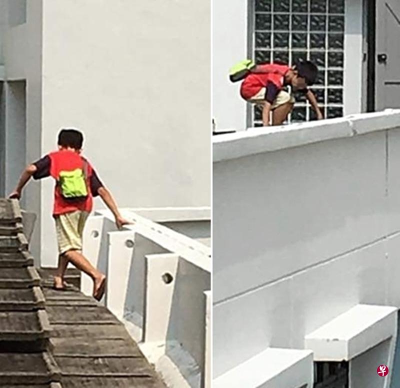 被发现后,同伴匆忙逃走,男童立即爬下护墙离开楼顶。(受访者提供) 被发现后,同伴匆忙逃走,男童立即爬下护墙离开楼顶。(受访者提供)