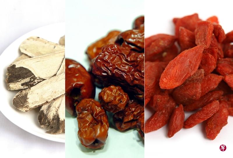 黄芪(左起)、红枣、枸杞子。(档案照) 黄芪(左起)、红枣、枸杞子。(档案照)