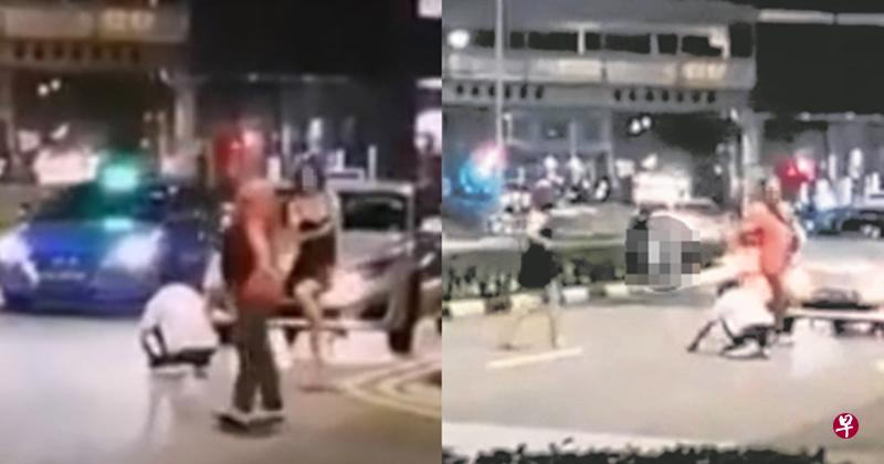 身穿黑色连身裙的女郎,在路上追打一名光头叔,还当众脱衣。(视频截图) 身穿黑色连身裙的女郎,在路上追打一名光头叔,还当众脱衣。(视频截图)