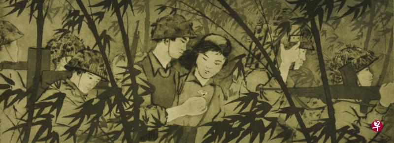 Duong Ngoc Canh版画《从军》军人手里拿着一朵小花。(国大博物馆提供) Duong Ngoc Canh版画《从军》军人手里拿着一朵小花。(国大博物馆提供)
