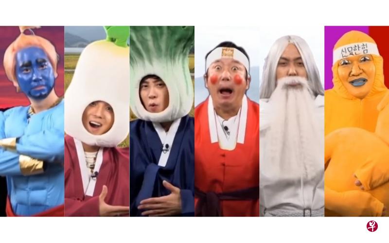 第七季《新西游记》艺人的造型令人爆笑。左起为:圭贤、宋旻浩、P.O、李寿根、殷志源和姜镐童。(互联网) 第七季《新西游记》艺人的造型令人爆笑。左起为:圭贤、宋旻浩、P.O、李寿根、殷志源和姜镐童。(互联网)