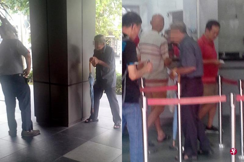 驼背老翁被指称自己无家可归,在商场外向路人乞讨(左图),后来被拍到在投注站买万字票。(受访者提供) 驼背老翁被指称自己无家可归,在商场外向路人乞讨(左图),后来被拍到在投注站买万字票。(受访者提供)