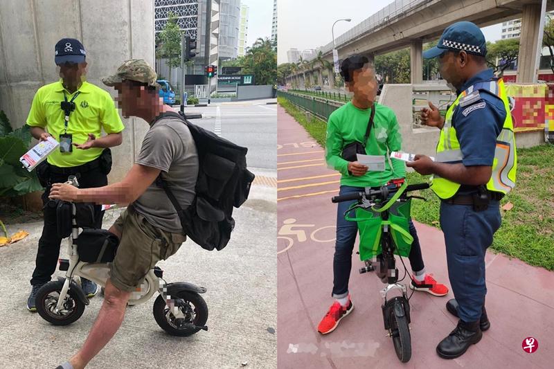 陆交局执法人员在禁令生效首日到宏茂桥、大巴窑和裕廊等区巡逻,向在人行道上骑行的电板车用户发出警告。 (取自陆交局面簿) 陆交局执法人员在禁令生效首日到宏茂桥、大巴窑和裕廊等区巡逻,向在人行道上骑行的电板车用户发出警告。 (取自陆交局面簿)