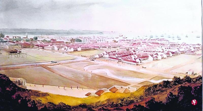 1847年从珍珠山远望唐人街,两排建筑之间的空地为芳林公园。 1847年从珍珠山远望唐人街,两排建筑之间的空地为芳林公园。
