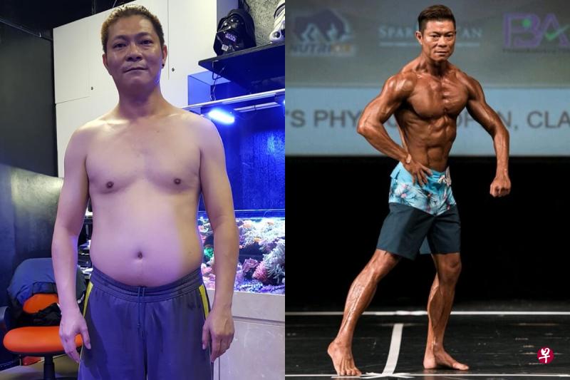 林国文减肥前体重约82公斤,一年后瘦下近20公斤(左图)。他从患病到现在已练就一身肌肉,并在今年的“健美钢铁人”男子40岁以上的赛事中夺得第二名(右图)。(受访者提供) 林国文减肥前体重约82公斤,一年后瘦下近20公斤(左图)。他从患病到现在已练就一身肌肉,并在今年的“健美钢铁人”男子40岁以上的赛事中夺得第二名(右图)。(受访者提供)