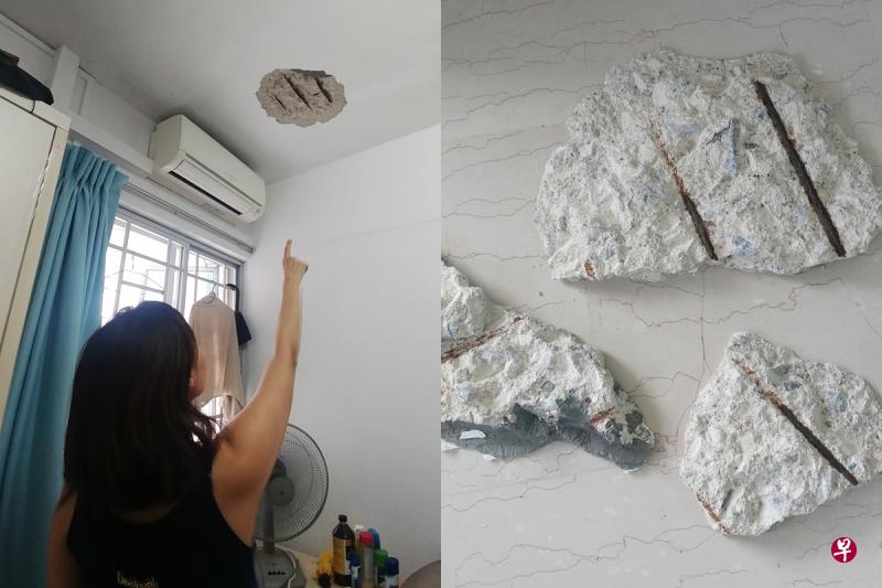 王女士的女儿(左图)指出,房内天花板脱落的部分,大约31公分长。脱落的石灰块非常大,共约3.4公斤重(右图)。 王女士的女儿(左图)指出,房内天花板脱落的部分,大约31公分长。脱落的石灰块非常大,共约3.4公斤重(右图)。