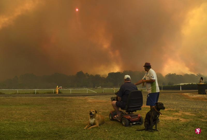 周二在悉尼以北600公里外的一个小镇,林火将天空熏得昏黑,浓烟中还透着火光。眼看林火逼近农地,居民心焦如焚。(法新社) 周二在悉尼以北600公里外的一个小镇,林火将天空熏得昏黑,浓烟中还透着火光。眼看林火逼近农地,居民心焦如焚。(法新社)