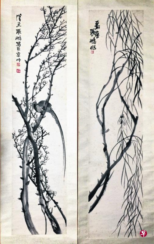 《大陆晚报》社长张鹏所画花鸟四屏。(作者提供) 《大陆晚报》社长张鹏所画花鸟四屏。(作者提供)
