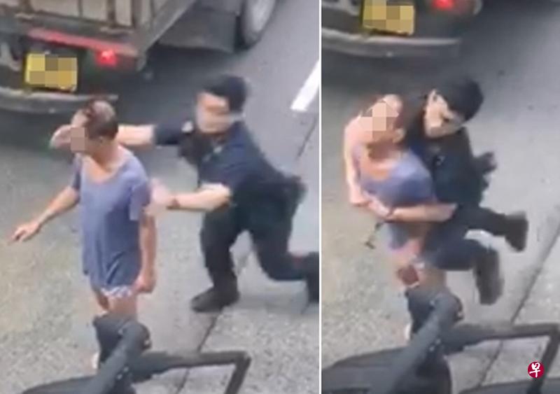 警员捉准时机, 飞扑向男子将他制伏。(视频截图) 警员捉准时机, 飞扑向男子将他制伏。(视频截图)