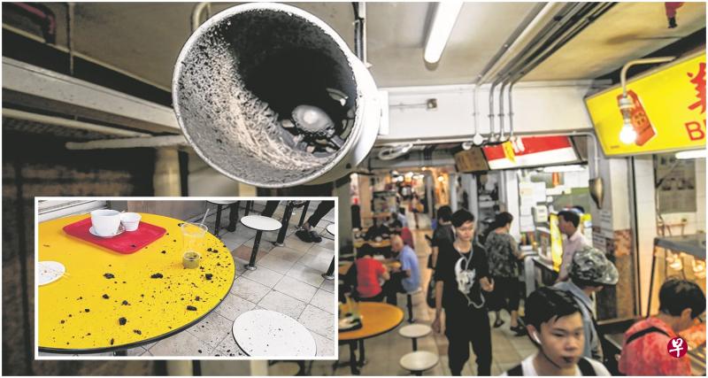 珍珠百货商场小贩中心的抽风机堆满厚厚的灰层,结果掉落在三张桌椅上,吓得食客仓皇离去。(叶振忠摄)小图:摊主描述,事发时桌上的食物也遭殃不能吃,更有顾客全身灰尘狼狈不堪。(受访者提供) 珍珠百货商场小贩中心的抽风机堆满厚厚的灰层,结果掉落在三张桌椅上,吓得食客仓皇离去。(叶振忠摄)小图:摊主描述,事发时桌上的食物也遭殃不能吃,更有顾客全身灰尘狼狈不堪。(受访者提供)