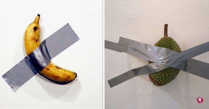 我国一间榴梿店99老树效仿香蕉艺术品创意,把香蕉换成榴梿,用胶带把一整个重2.12公斤的猫山王榴梿粘在墙壁上。(取自MOTHERSHIP) 我国一间榴梿店99老树效仿香蕉艺术品创意,把香蕉换成榴梿,用胶带把一整个重2.12公斤的猫山王榴梿粘在墙壁上。(取自MOTHERSHIP)