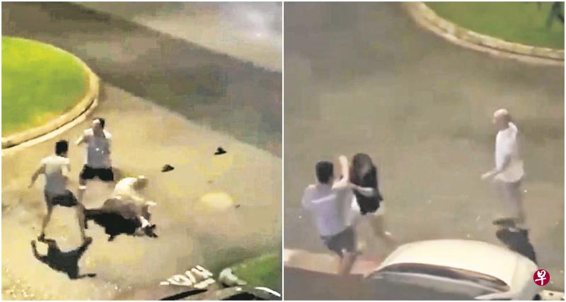左图:光头男和灰衣男越打越激烈,双方还互推倒地,光头男的父亲见儿子摔倒后也加入战局。右图:灰衣男的妻子听见争吵声后跑下楼阻止,连连劝喊“别打了!”(取自面簿) 左图:光头男和灰衣男越打越激烈,双方还互推倒地,光头男的父亲见儿子摔倒后也加入战局。右图:灰衣男的妻子听见争吵声后跑下楼阻止,连连劝喊“别打了!”(取自面簿)
