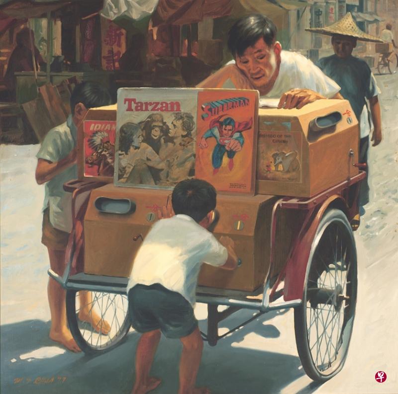 儿时住过牛车水的画家蔡名智的油画《流动戏院》。(受访者提供) 儿时住过牛车水的画家蔡名智的油画《流动戏院》。(受访者提供)