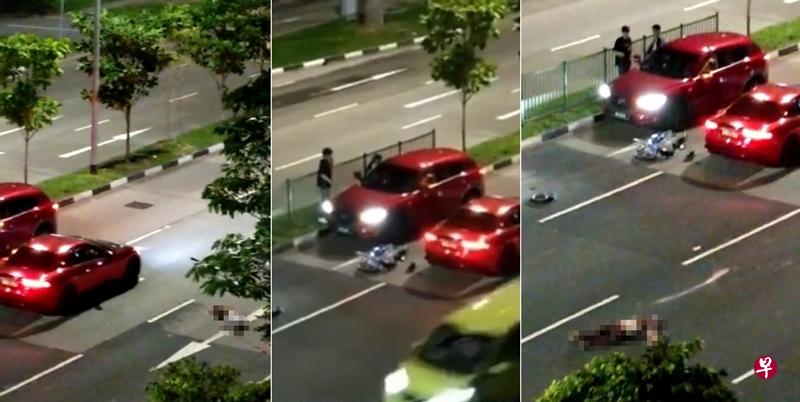 跑车撞倒死者后,另一辆黄色轿车随后碾过死者,再将其拖行5米。(截取视频) 跑车撞倒死者后,另一辆黄色轿车随后碾过死者,再将其拖行5米。(截取视频)