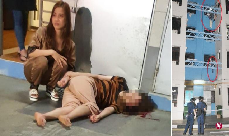 女郎头破血流地躺在地上,友人和公众上前查看。(读者提供)右图:事发单位楼下二楼的晾衣架上勾着一跟竹竿,相信女郎当时想收进来,不慎从4楼跌落。(蔡振鸿摄) 女郎头破血流地躺在地上,友人和公众上前查看。(读者提供)右图:事发单位楼下二楼的晾衣架上勾着一跟竹竿,相信女郎当时想收进来,不慎从4楼跌落。(蔡振鸿摄)