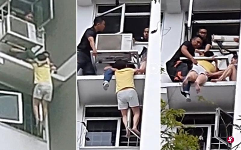 民防与警救人将妇女带入屋内。(受访者提供) 民防与警救人将妇女带入屋内。(受访者提供)