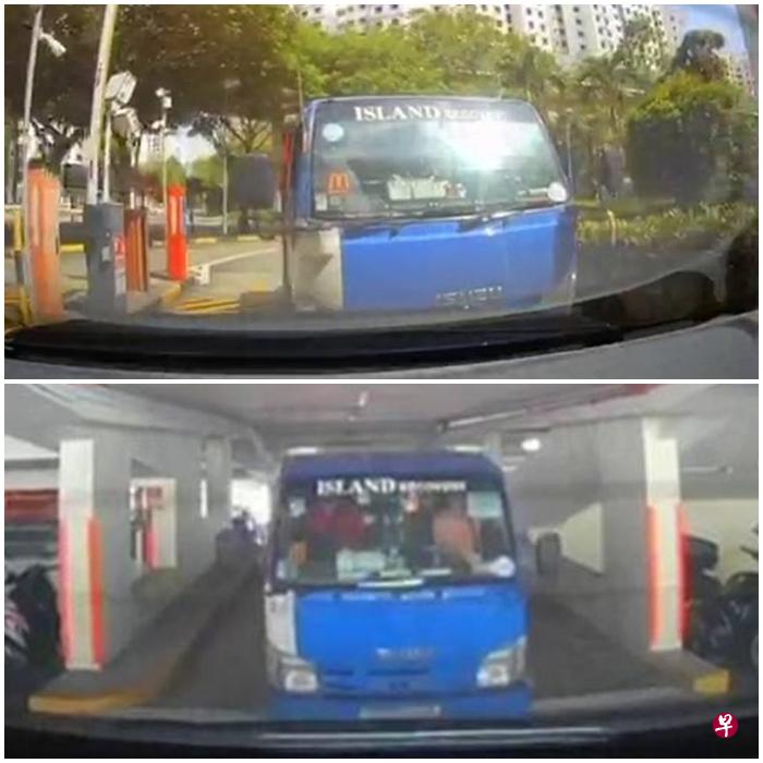 蓝色卡车紧贴前方的汽车离开停车场收费闸门。(Stomp网站视频截图) 蓝色卡车紧贴前方的汽车离开停车场收费闸门。(Stomp网站视频截图)