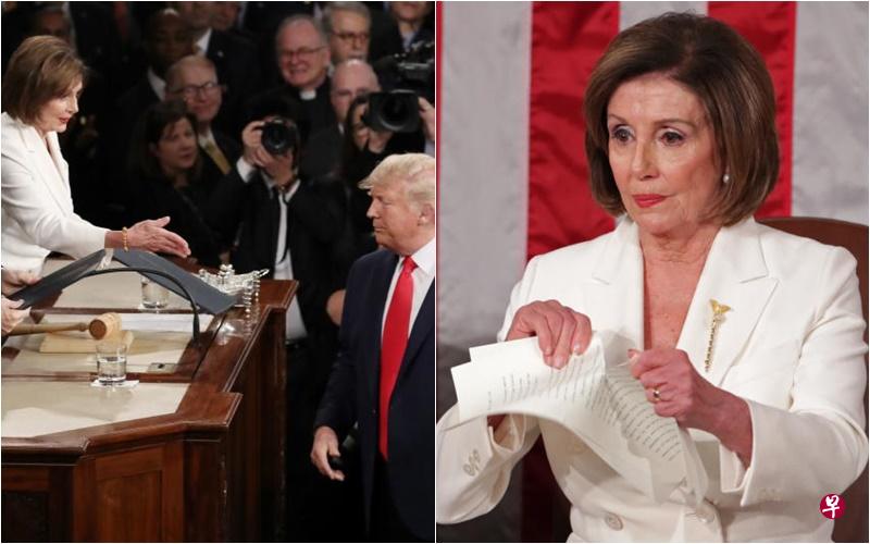 左:特朗普拒绝与佩洛西握手。(法新社)右:特朗普结束演说时,佩洛西站起来,撕掉了她手中那份特朗普递给她的演说稿。(路透社) 左:特朗普拒绝与佩洛西握手。(法新社)右:特朗普结束演说时,佩洛西站起来,撕掉了她手中那份特朗普递给她的演说稿。(路透社)