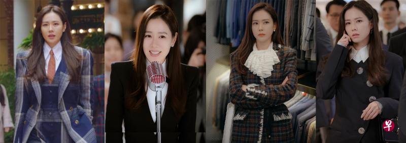 女主角尹世莉阔肩西装造型,女王范十足。(图片取自tvN) 女主角尹世莉阔肩西装造型,女王范十足。(图片取自tvN)