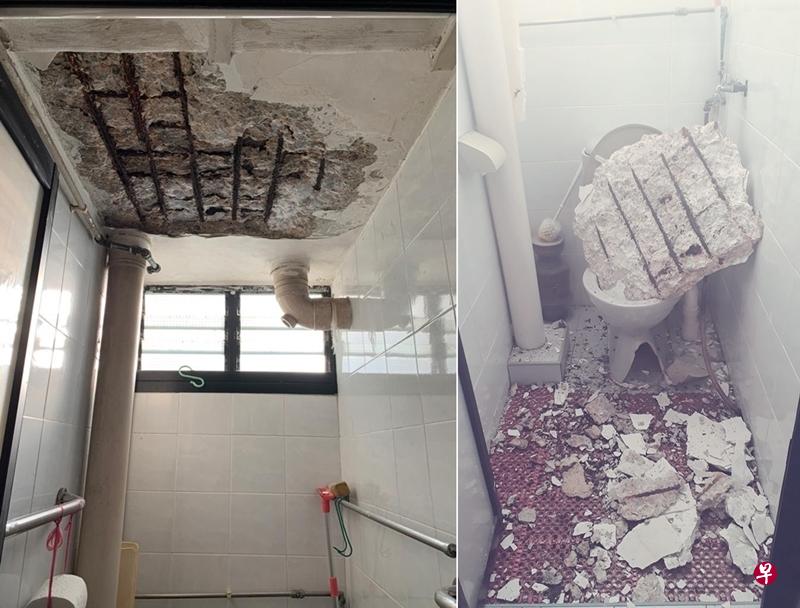 天花板水泥突剥落,砸中马桶,马桶因此不能用。(受访者提供) 天花板水泥突剥落,砸中马桶,马桶因此不能用。(受访者提供)