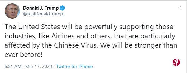 特朗普在推特上称冠病是“中国病毒”。（推特截图）