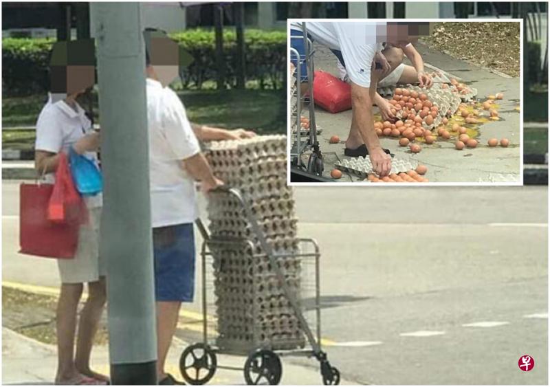 一对中年夫妇撑着伞,推着大批鸡蛋,被网民拍下放上网,被指是囤积者。(互联网) 一对中年夫妇撑着伞,推着大批鸡蛋,被网民拍下放上网,被指是囤积者。(互联网)