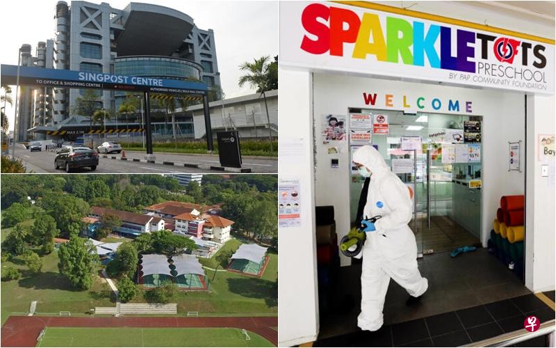 本地出现的三个新感染群,包括(左起顺时钟)新邮政中心、凤山Sparkletots学前教育中心,以及杜佛阁国际学校。(档案照/取自面簿) 本地出现的三个新感染群,包括(左起顺时钟)新邮政中心、凤山Sparkletots学前教育中心,以及杜佛阁国际学校。(档案照/取自面簿)