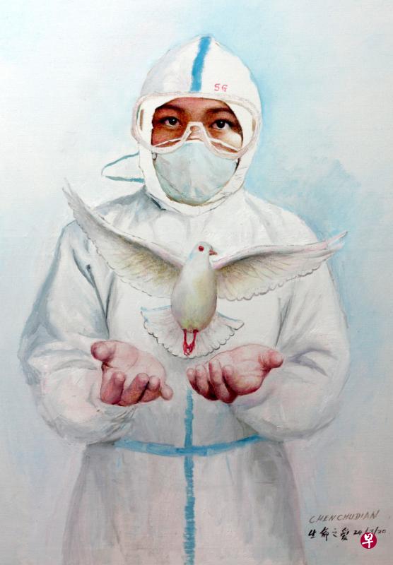 画家陈初电以 《生命之爱》油画向前线抗疫医务人员致敬。(受访者提供) 画家陈初电以 《生命之爱》油画向前线抗疫医务人员致敬。(受访者提供)