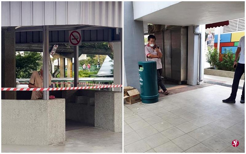 左:执法人员发现一名男子在巴刹和小贩中心附近的亭子游荡,劝他离开后,他又回到原处。右:环境局执法人员发现一名男子并不是在等候餐点,劝他离开时,对方不配合,还辱骂执法人员。(国家环境局提供) 左:执法人员发现一名男子在巴刹和小贩中心附近的亭子游荡,劝他离开后,他又回到原处。右:环境局执法人员发现一名男子并不是在等候餐点,劝他离开时,对方不配合,还辱骂执法人员。(国家环境局提供)