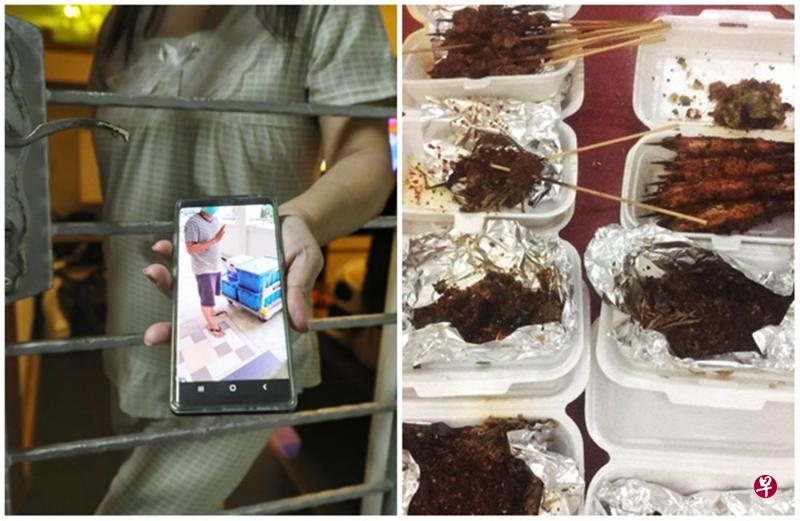 左图:黎先生的太太出示他们拍的照片,图为来自乌节路中餐馆的送货员带着超过400元的食物上门。(林国明摄影)右图:为免浪费食物,中餐馆老板余先生过后把外卖食物让员工享用。(受访者提供) 左图:黎先生的太太出示他们拍的照片,图为来自乌节路中餐馆的送货员带着超过400元的食物上门。(林国明摄影)右图:为免浪费食物,中餐馆老板余先生过后把外卖食物让员工享用。(受访者提供)