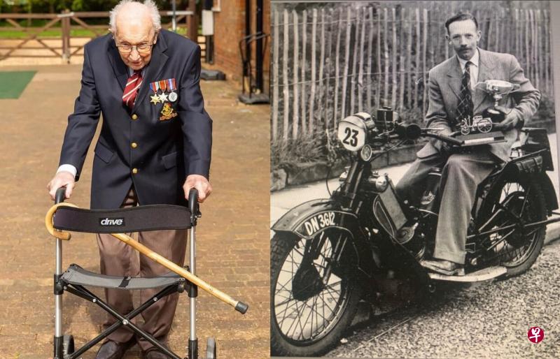 左图:99岁的英国二战老兵摩尔已经在家中花园走完70遍了。(法新社)右图:摩尔坐在电单车上捧着奖杯的旧照。(路透社) 左图:99岁的英国二战老兵摩尔已经在家中花园走完70遍了。(法新社)右图:摩尔坐在电单车上捧着奖杯的旧照。(路透社)