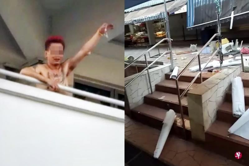 红发叔今早跑上义顺环路第102座四楼走廊，把走廊上的麻将桌、椅子、凳子等物件抛下楼。（读者提供）