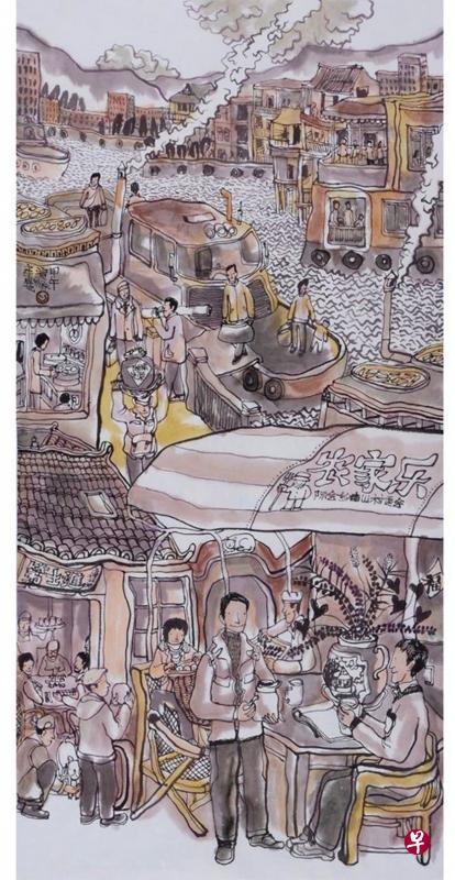 中国谢翀水墨画《河边》描绘在河边阅读和喝咖啡的场景,在当前冠状病毒疫情下却不可得。(主办方提供) 中国谢翀水墨画《河边》描绘在河边阅读和喝咖啡的场景,在当前冠状病毒疫情下却不可得。(主办方提供)